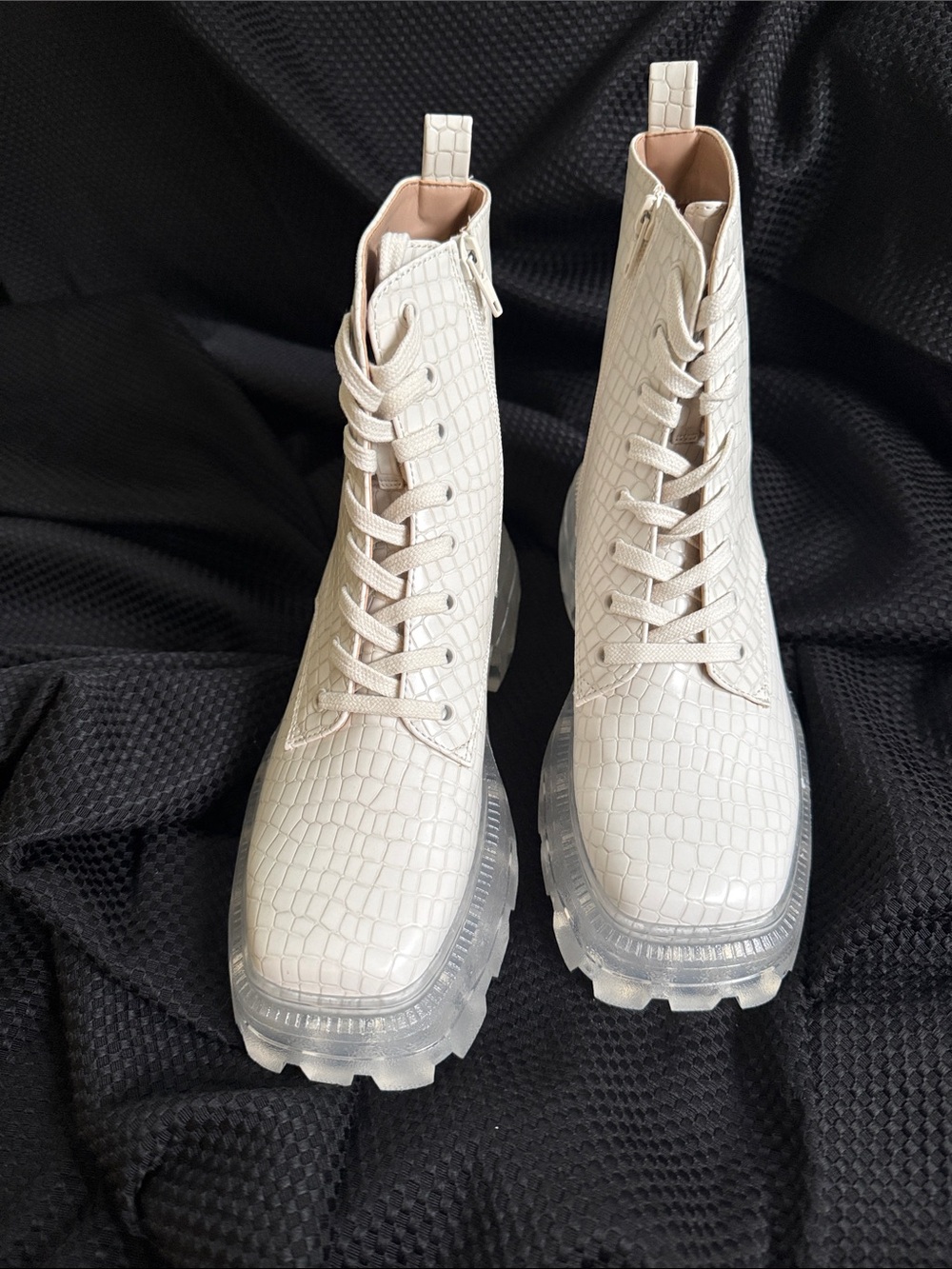 Women's Cream Croc-Embossed Lace-Up Combat Boots